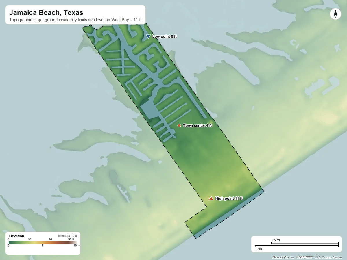 Topographic elevation map of Jamaica Beach, Texas, shaded from sea level level on West Bay to 11 ft on the southeast side