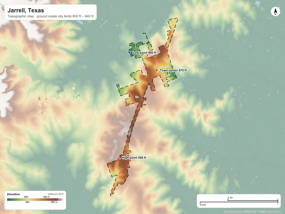 Topographic elevation map of Jarrell, Texas, shaded from 800 ft on the northwest side to 940 ft on the southwest side