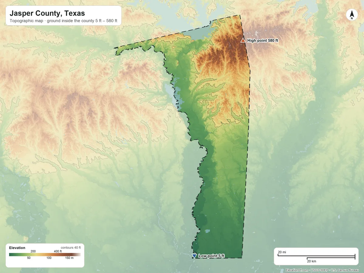Topographic elevation map of Jasper County, Texas, shaded from 5 ft on the south side to 580 ft on the northeast side