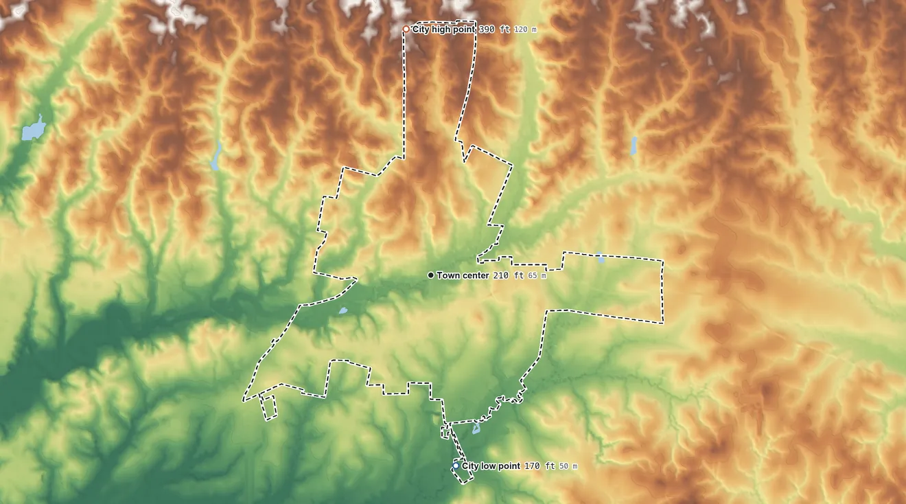 Topographic elevation map of Jasper, Texas, shaded from 170 ft on the south side to 390 ft on the north side