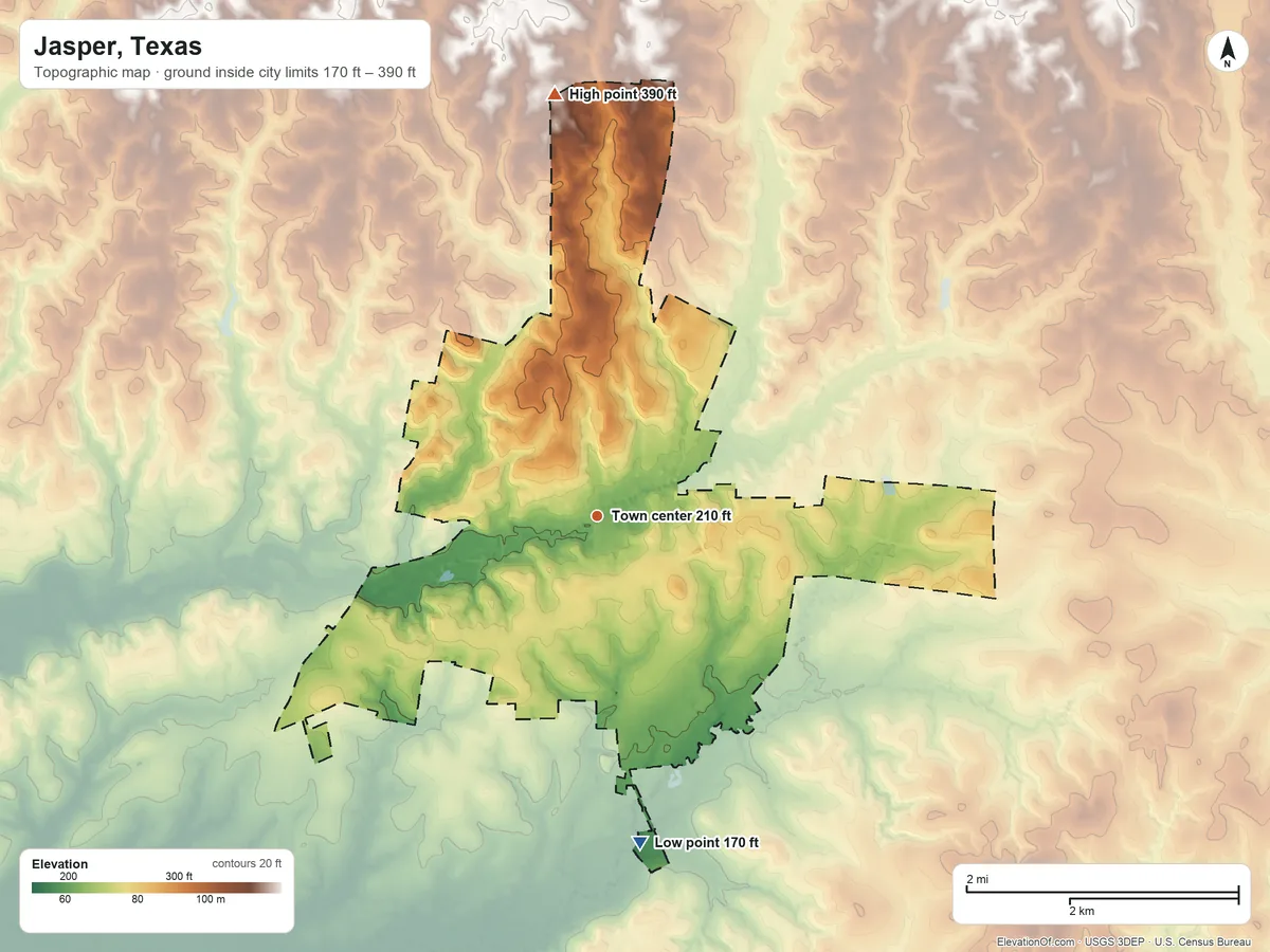 Topographic elevation map of Jasper, Texas, shaded from 170 ft on the south side to 390 ft on the north side