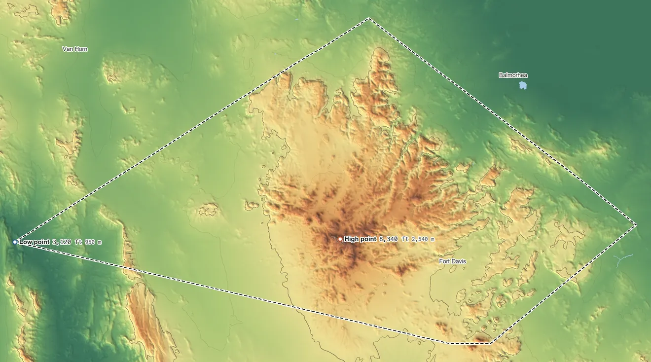Topographic elevation map of Jeff Davis County, Texas, shaded from 3,120 ft on the west side to 8,340 ft on Baldy Peak