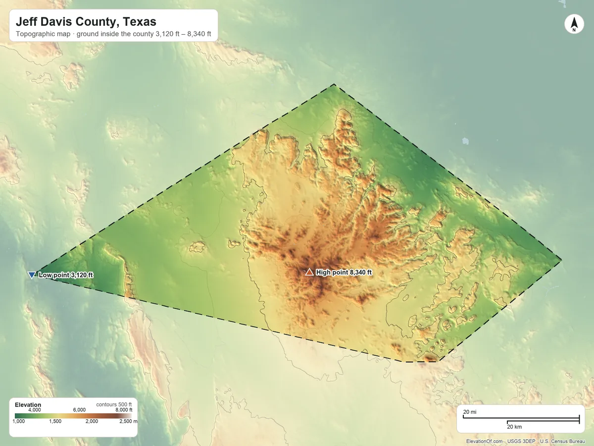 Topographic elevation map of Jeff Davis County, Texas, shaded from 3,120 ft on the west side to 8,340 ft on Baldy Peak