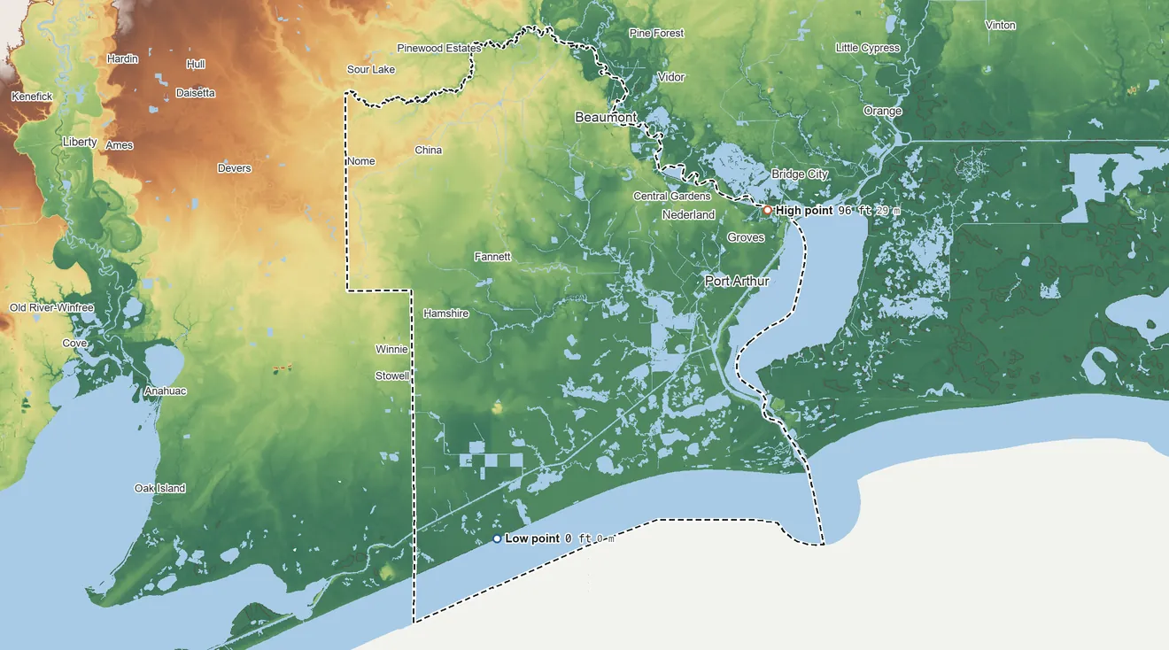 Topographic elevation map of Jefferson County, Texas, shaded from sea level on the Gulf of America to 96 ft on the northeast side