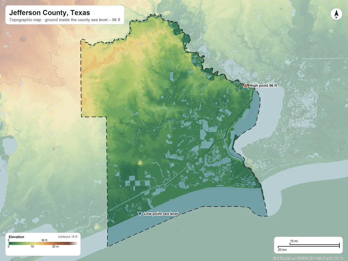 Topographic elevation map of Jefferson County, Texas, shaded from sea level on the Gulf of America to 96 ft on the northeast side