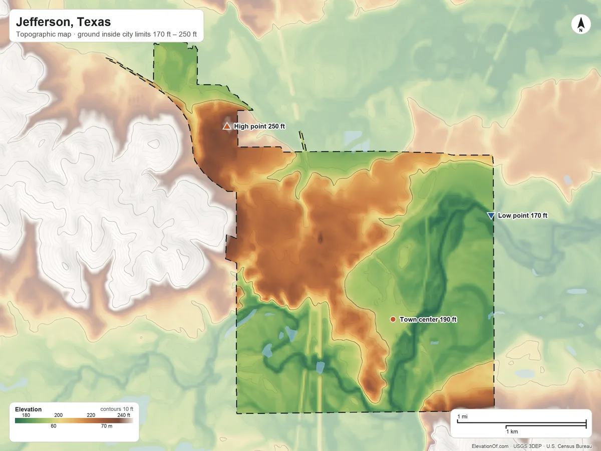 Topographic elevation map of Jefferson, Texas, shaded from 170 ft on the northeast side to 250 ft on the northwest side