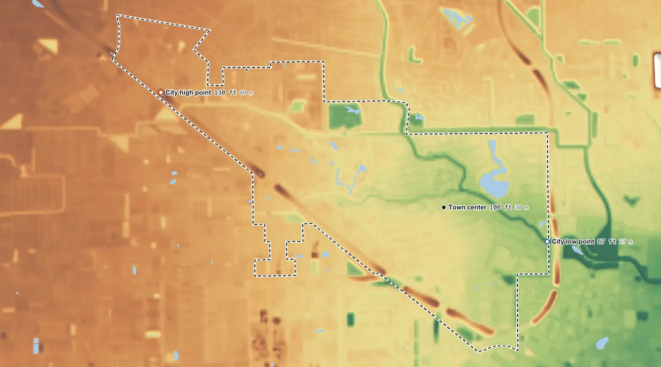 Topographic elevation map of Jersey Village, Texas, shaded from 87 ft on the east side to 130 ft on the west side