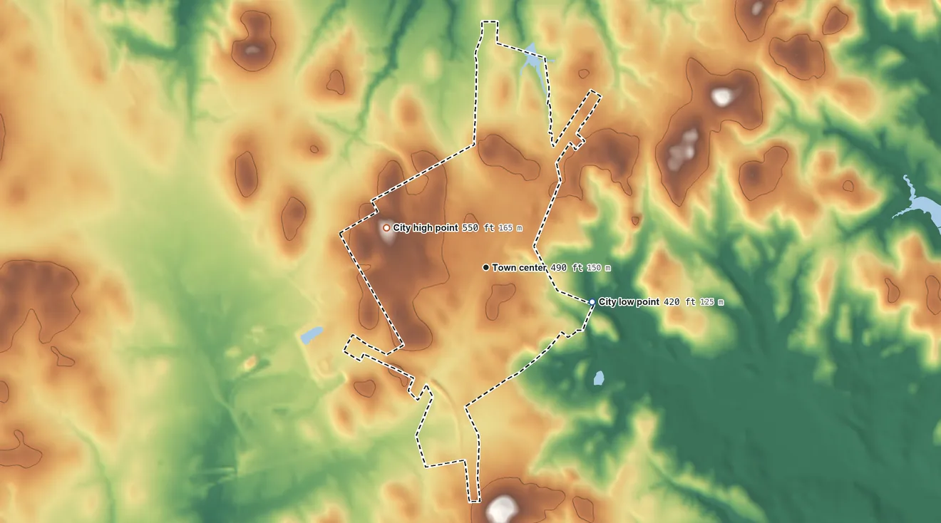 Topographic elevation map of Jewett, Texas, shaded from 420 ft on the east side to 550 ft on the west side