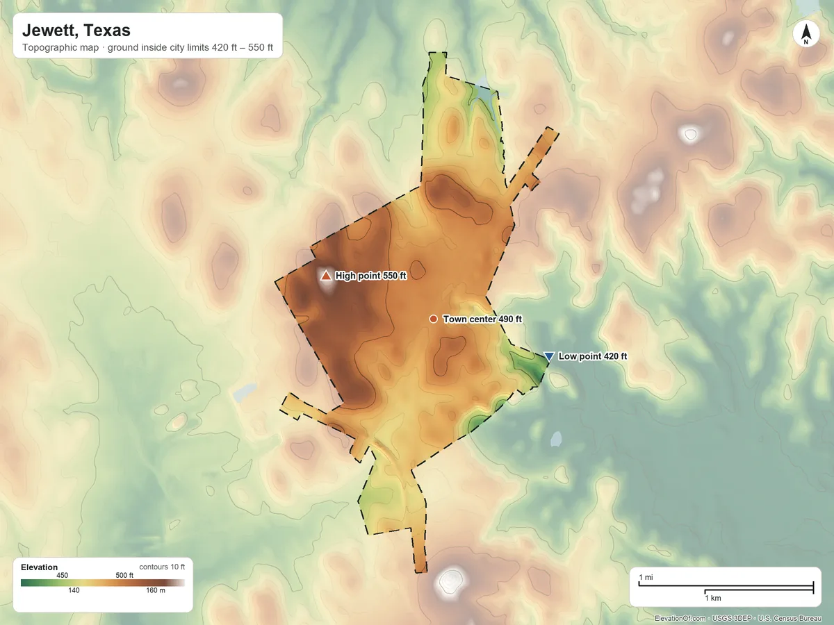 Topographic elevation map of Jewett, Texas, shaded from 420 ft on the east side to 550 ft on the west side