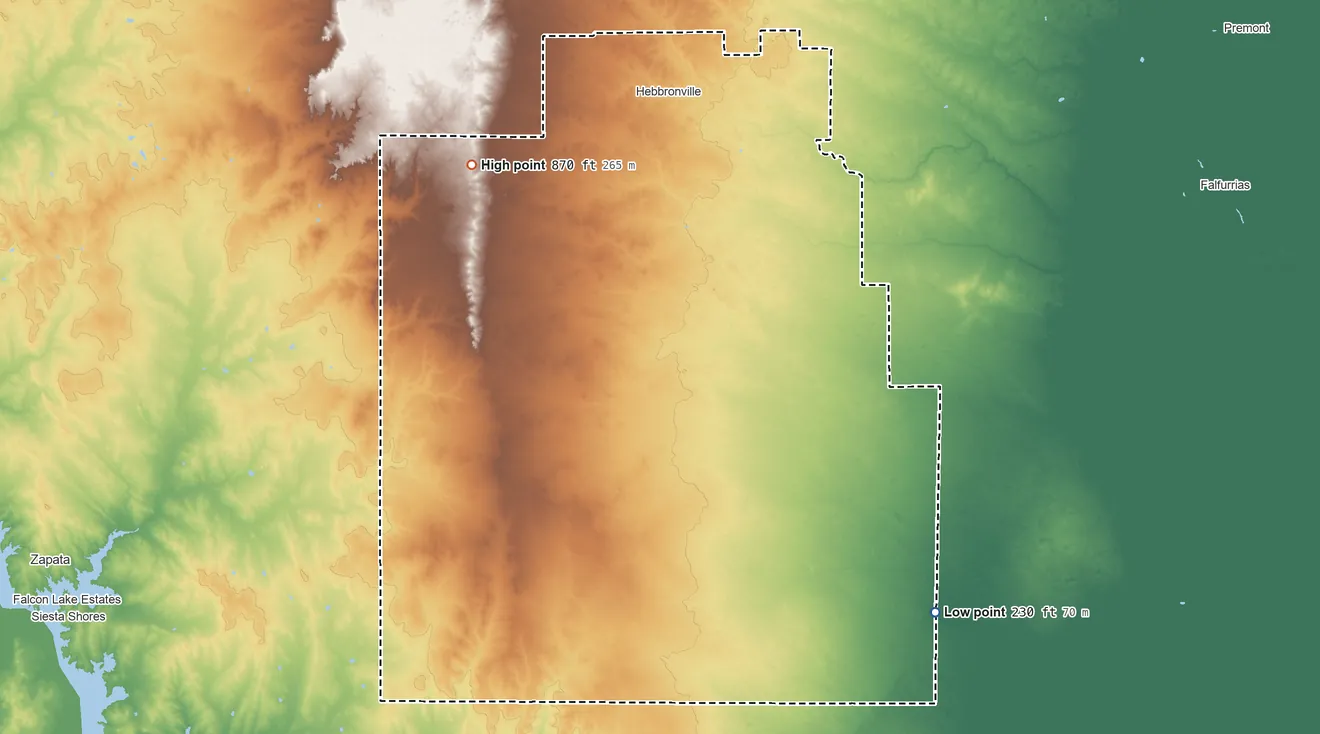 Topographic elevation map of Jim Hogg County, Texas, shaded from 230 ft on the southeast side to 870 ft on the northwest side