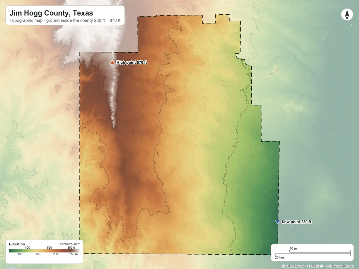 Topographic elevation map of Jim Hogg County, Texas, shaded from 230 ft on the southeast side to 870 ft on the northwest side