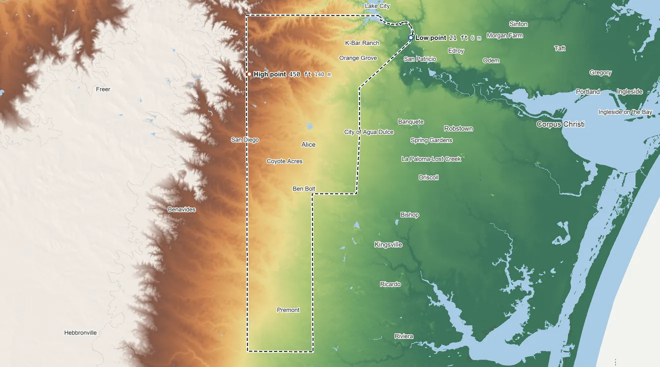Topographic elevation map of Jim Wells County, Texas, shaded from 21 ft on the northeast side to 450 ft on the northwest side