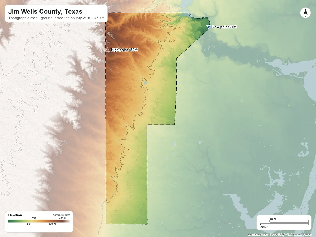 Topographic elevation map of Jim Wells County, Texas, shaded from 21 ft on the northeast side to 450 ft on the northwest side
