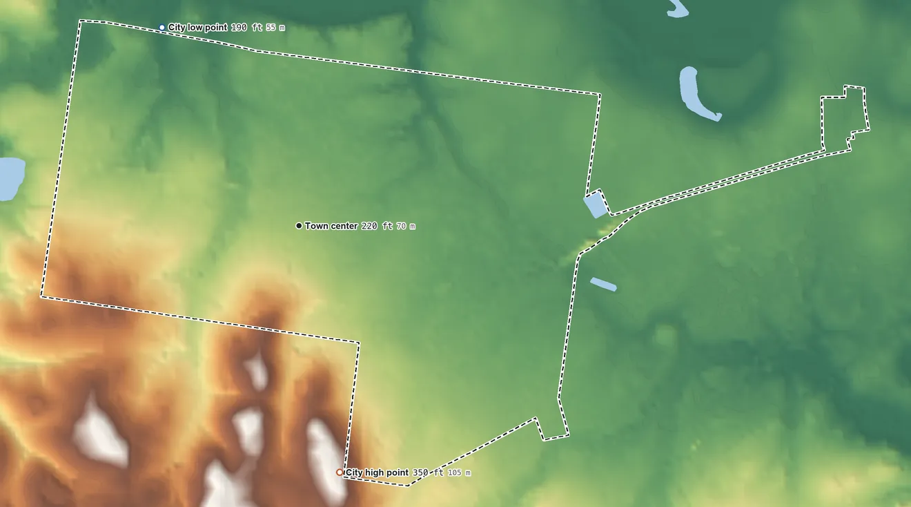 Topographic elevation map of Joaquin, Texas, shaded from 190 ft on the northwest side to 350 ft on the south side