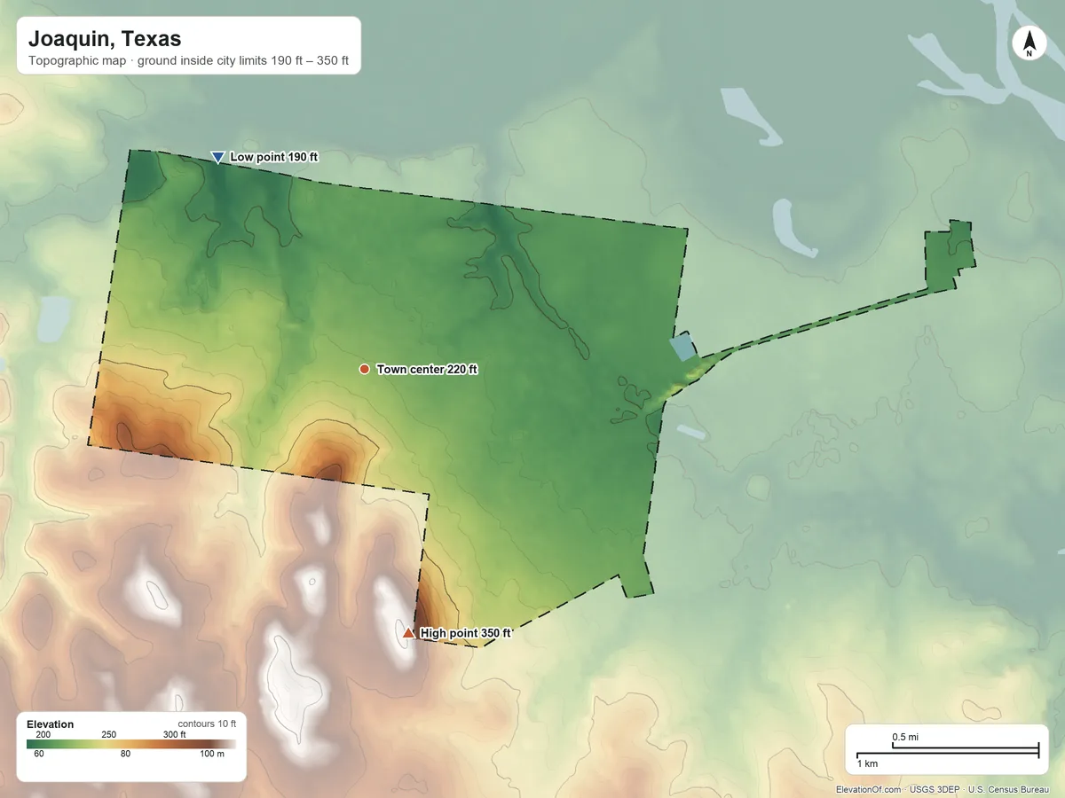 Topographic elevation map of Joaquin, Texas, shaded from 190 ft on the northwest side to 350 ft on the south side