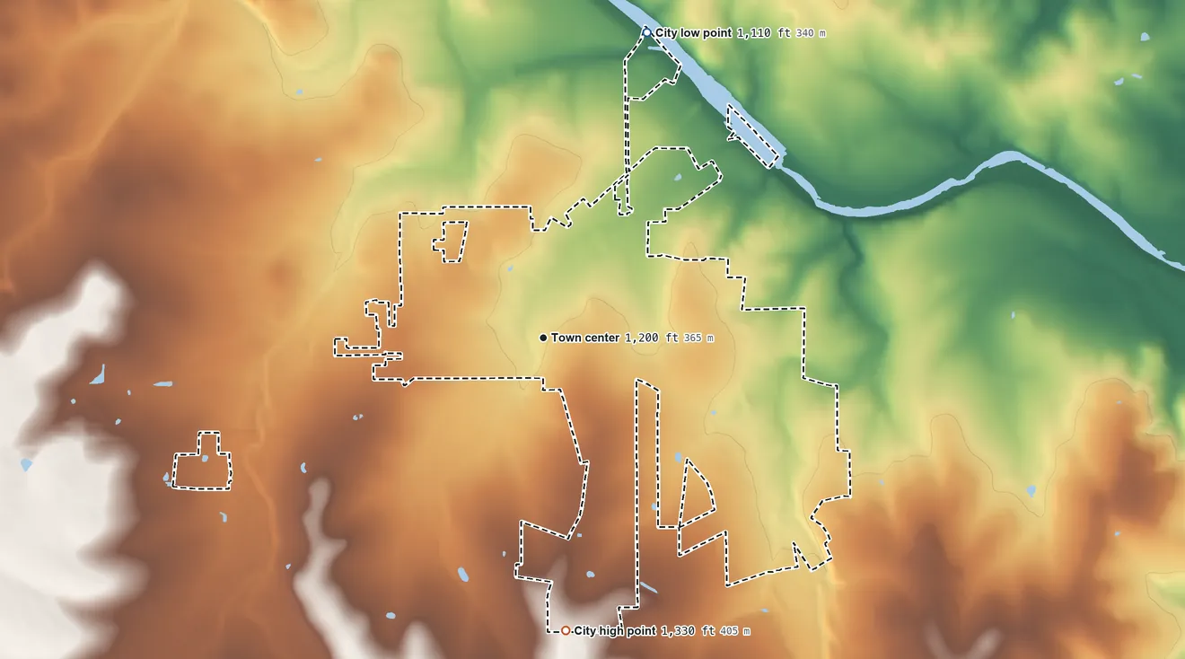Topographic elevation map of Johnson City, Texas, shaded from 1,110 ft on the north side to 1,330 ft on the south side