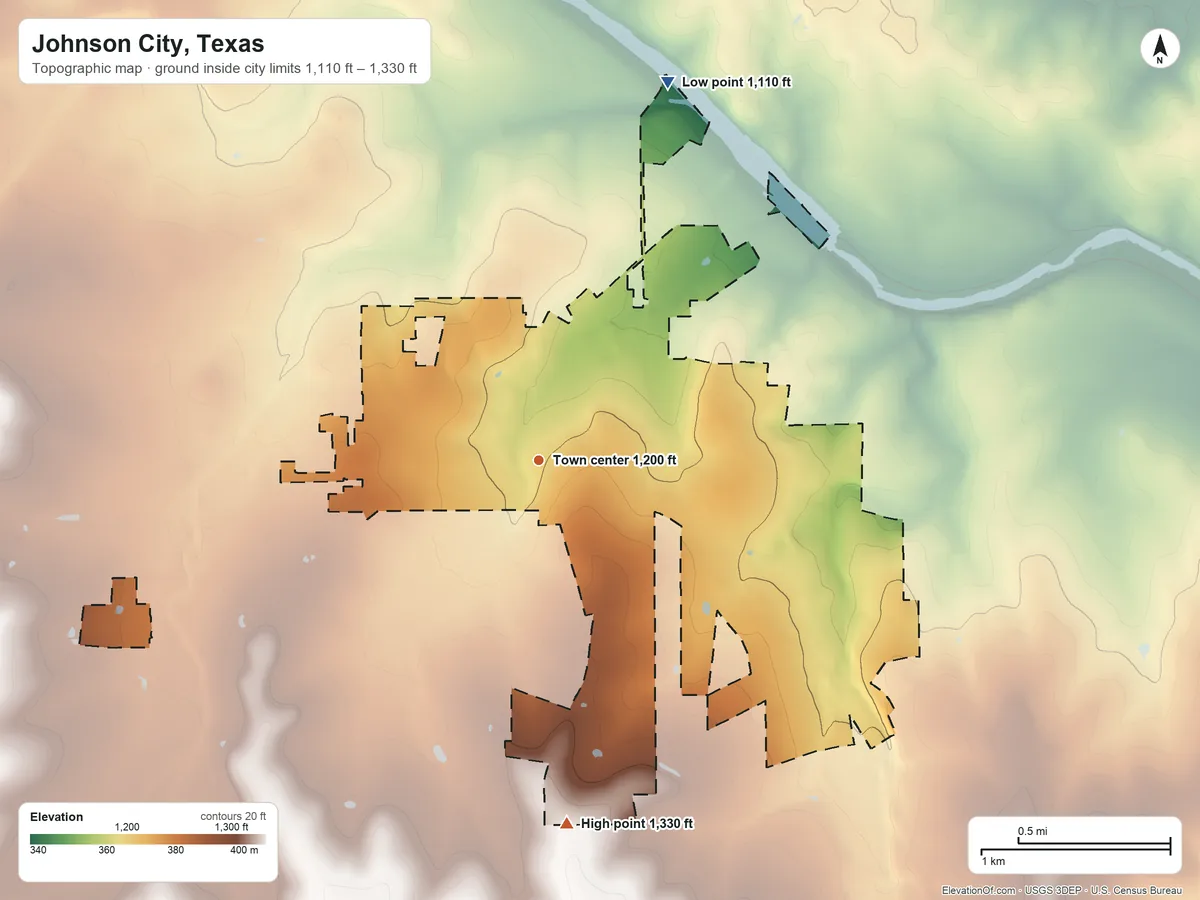 Topographic elevation map of Johnson City, Texas, shaded from 1,110 ft on the north side to 1,330 ft on the south side