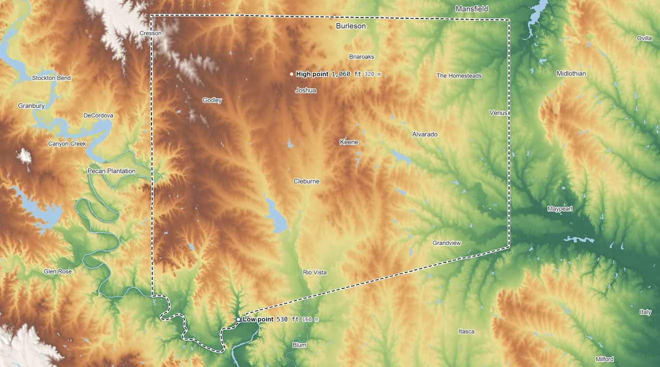 Topographic elevation map of Johnson County, Texas, shaded from 530 ft on the southwest side to 1,060 ft on Caddo Peak