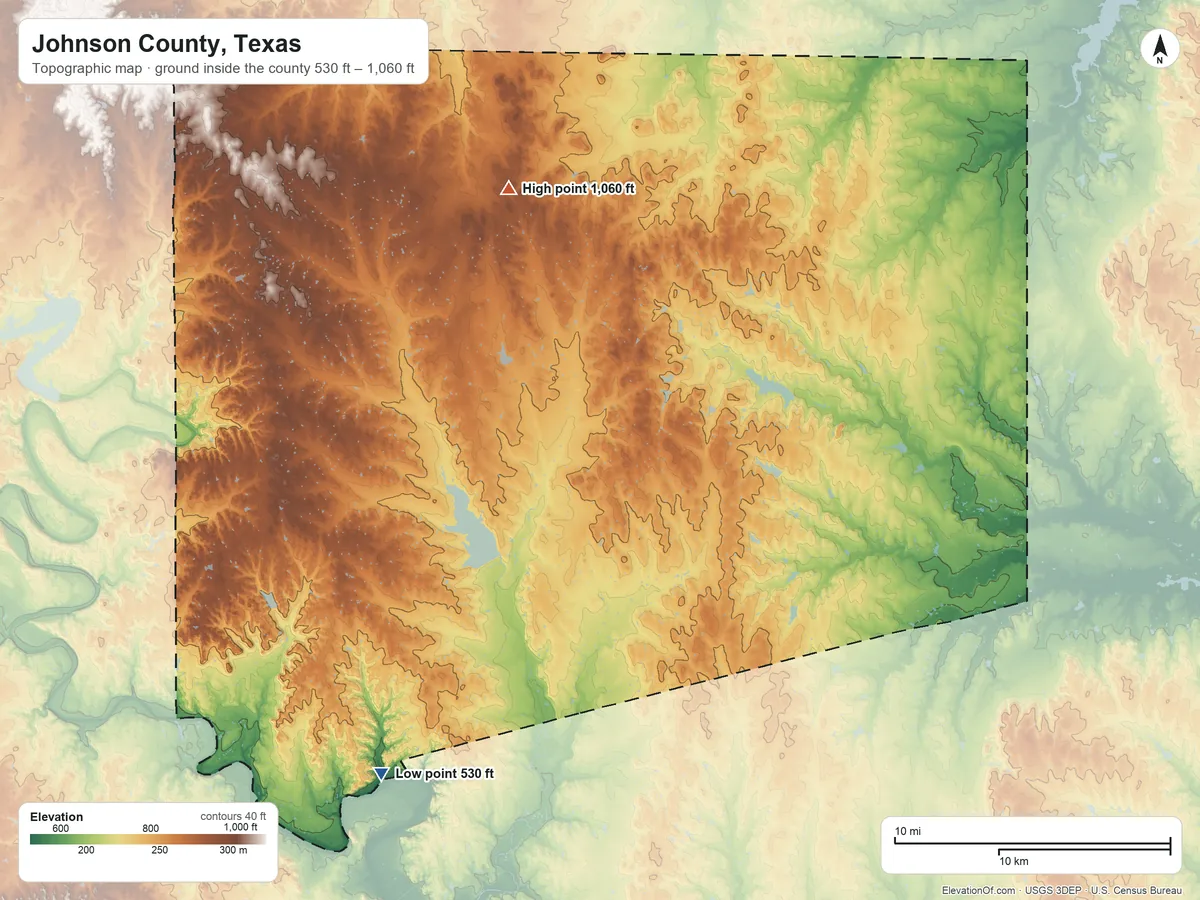 Topographic elevation map of Johnson County, Texas, shaded from 530 ft on the southwest side to 1,060 ft on Caddo Peak
