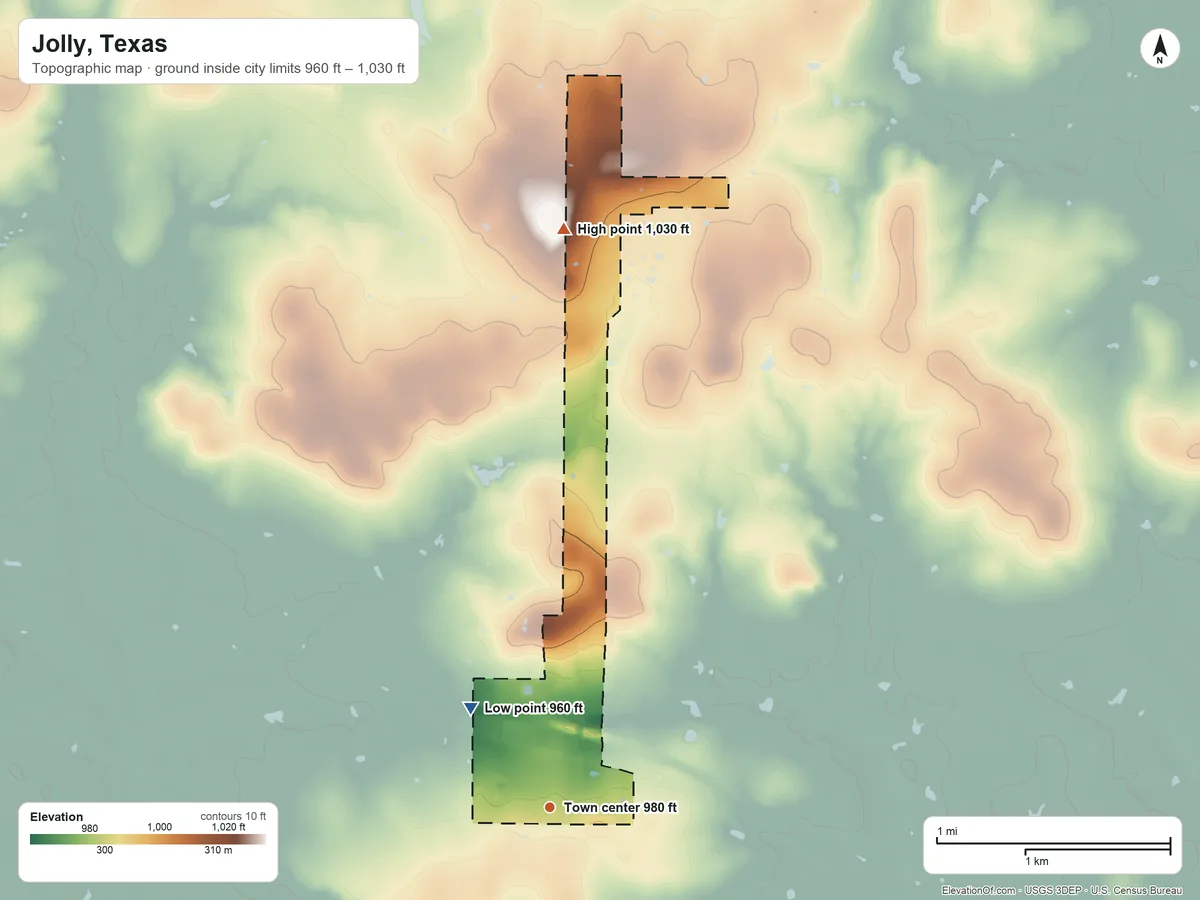 Topographic elevation map of Jolly, Texas, shaded from 960 ft on the northwest side to 1,030 ft on the north side