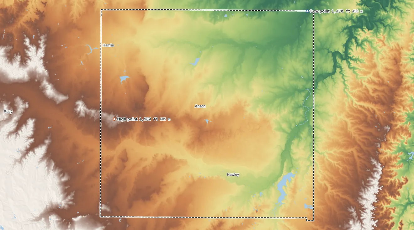 Topographic elevation map of Jones County, Texas, shaded from 1,470 ft on the northeast side to 1,980 ft on the west side