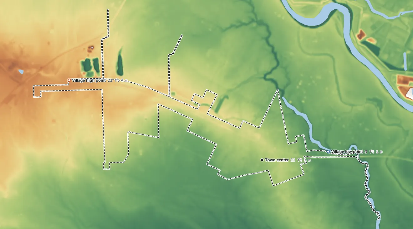 Topographic elevation map of Jones Creek, Texas, shaded from 3 ft on the east side to 23 ft on the west side