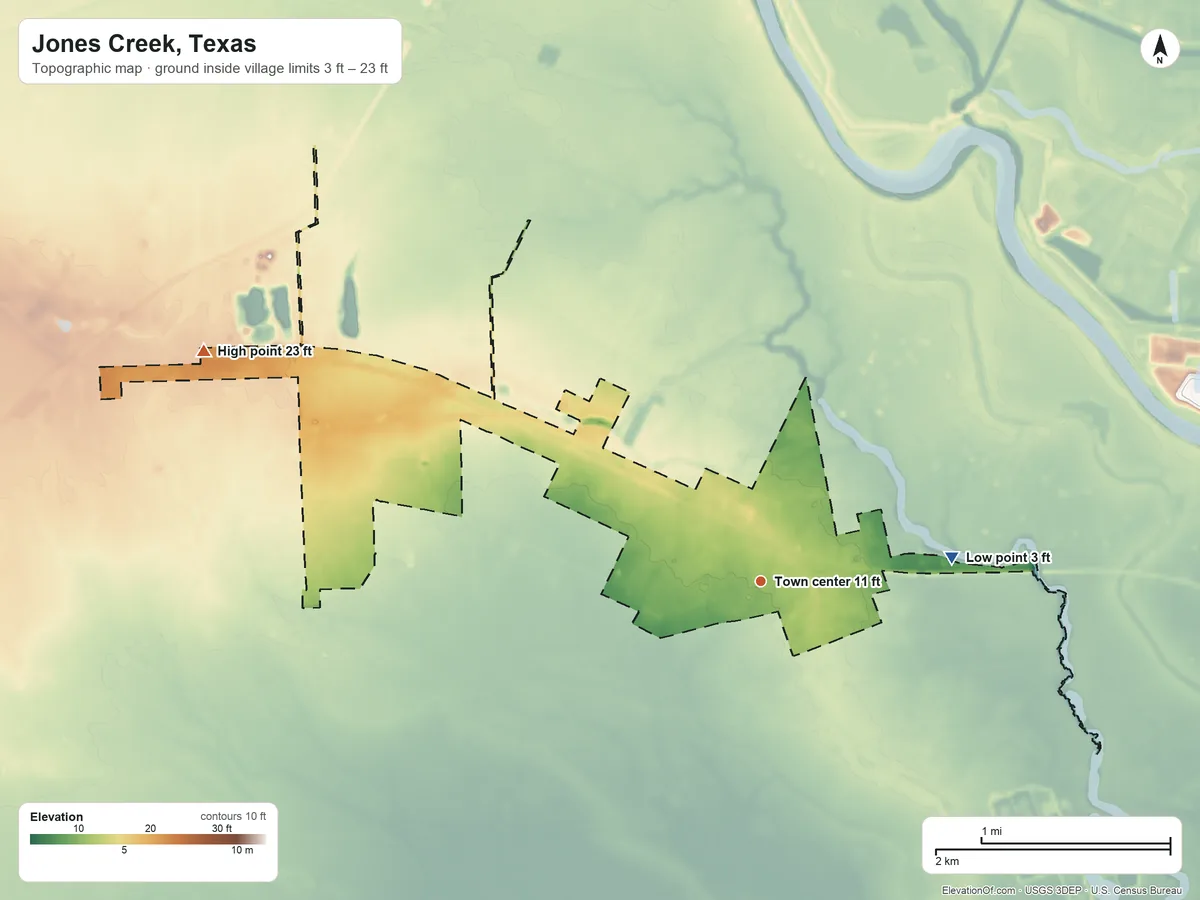 Topographic elevation map of Jones Creek, Texas, shaded from 3 ft on the east side to 23 ft on the west side