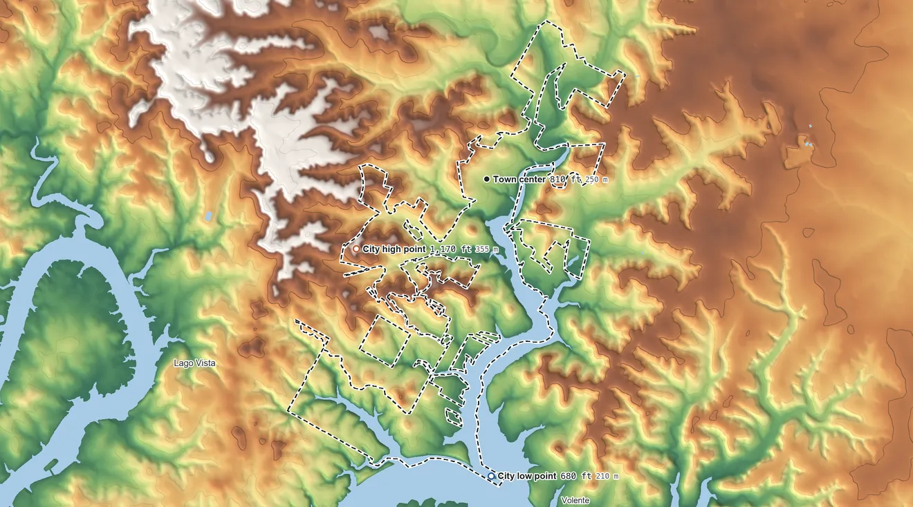 Topographic elevation map of Jonestown, Texas, shaded from 680 ft on the south side to 1,170 ft on the southwest side