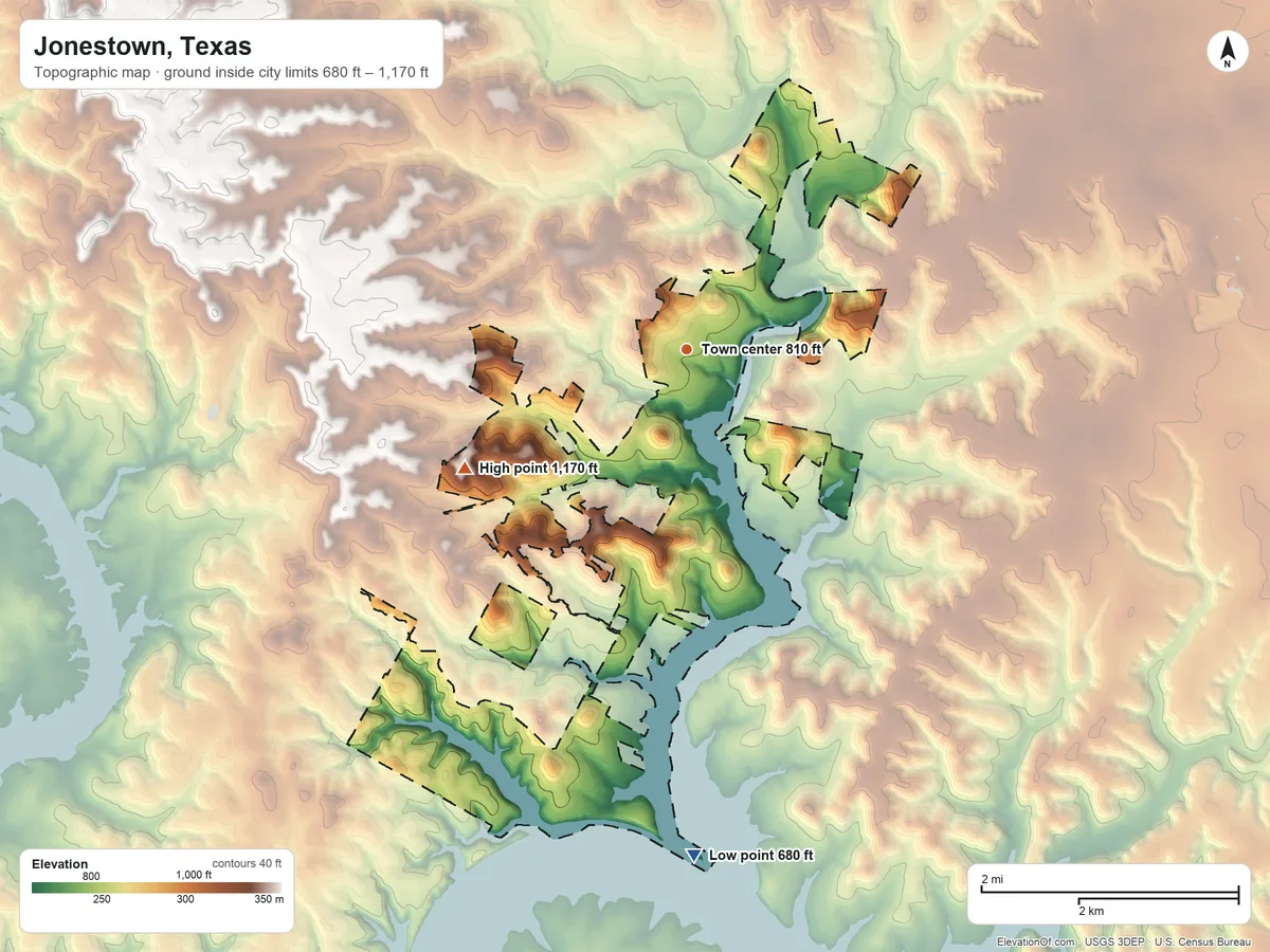 Topographic elevation map of Jonestown, Texas, shaded from 680 ft on the south side to 1,170 ft on the southwest side