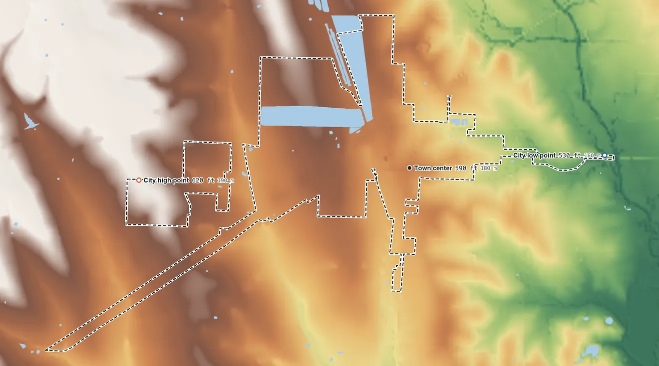 Topographic elevation map of Josephine, Texas, shaded from 530 ft on the east side to 620 ft on the west side