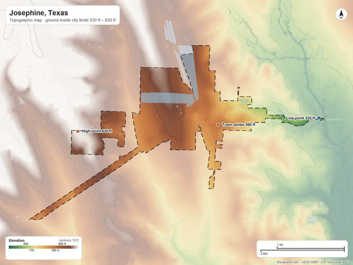 Topographic elevation map of Josephine, Texas, shaded from 530 ft on the east side to 620 ft on the west side