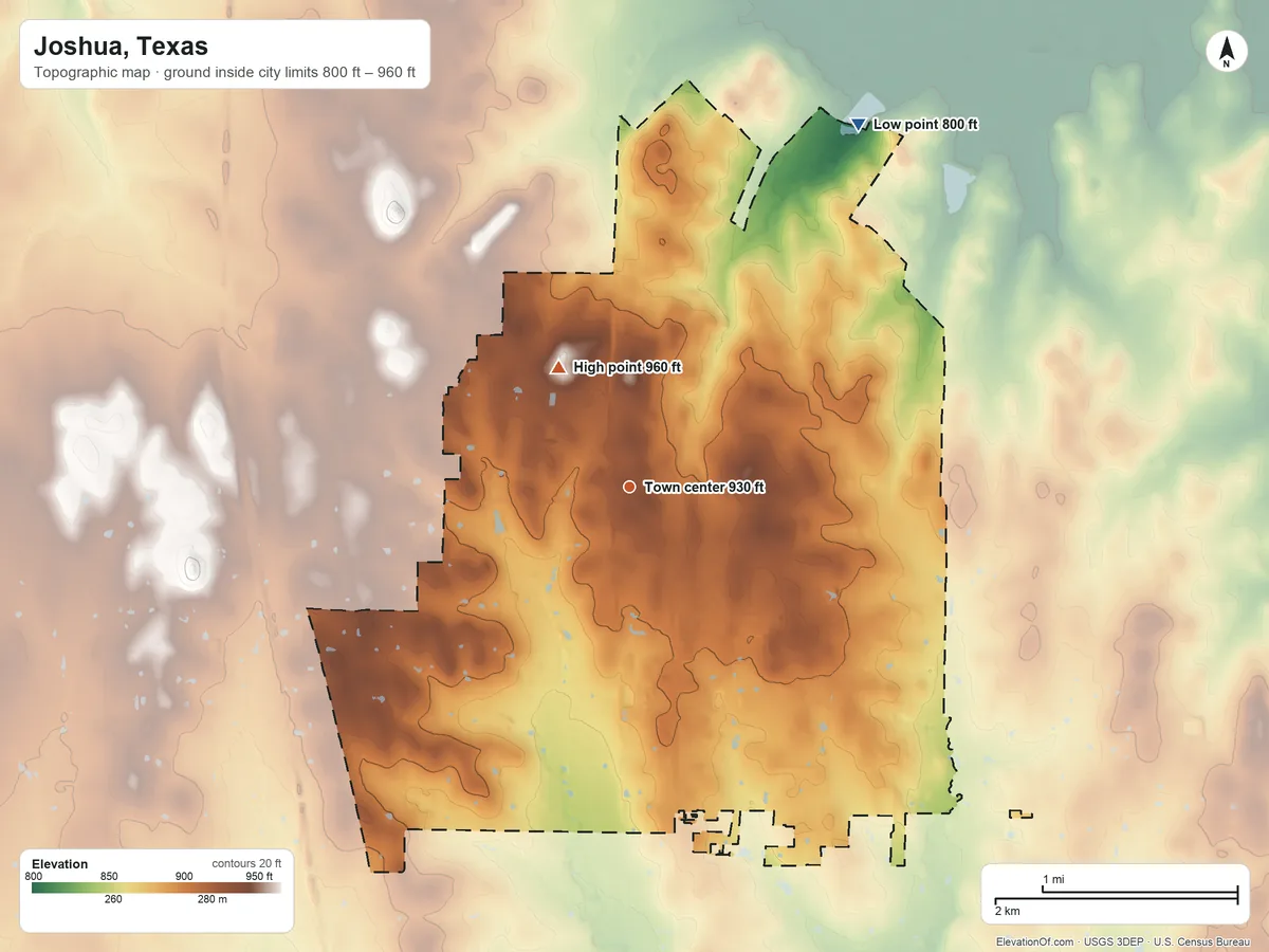 Topographic elevation map of Joshua, Texas, shaded from 800 ft on the northeast side to 960 ft on the northwest side