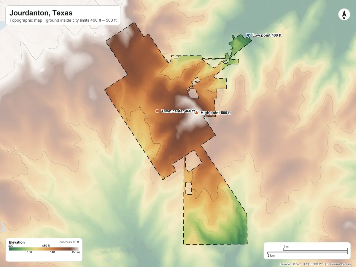 Topographic elevation map of Jourdanton, Texas, shaded from 400 ft on the northeast side to 500 ft on the east side