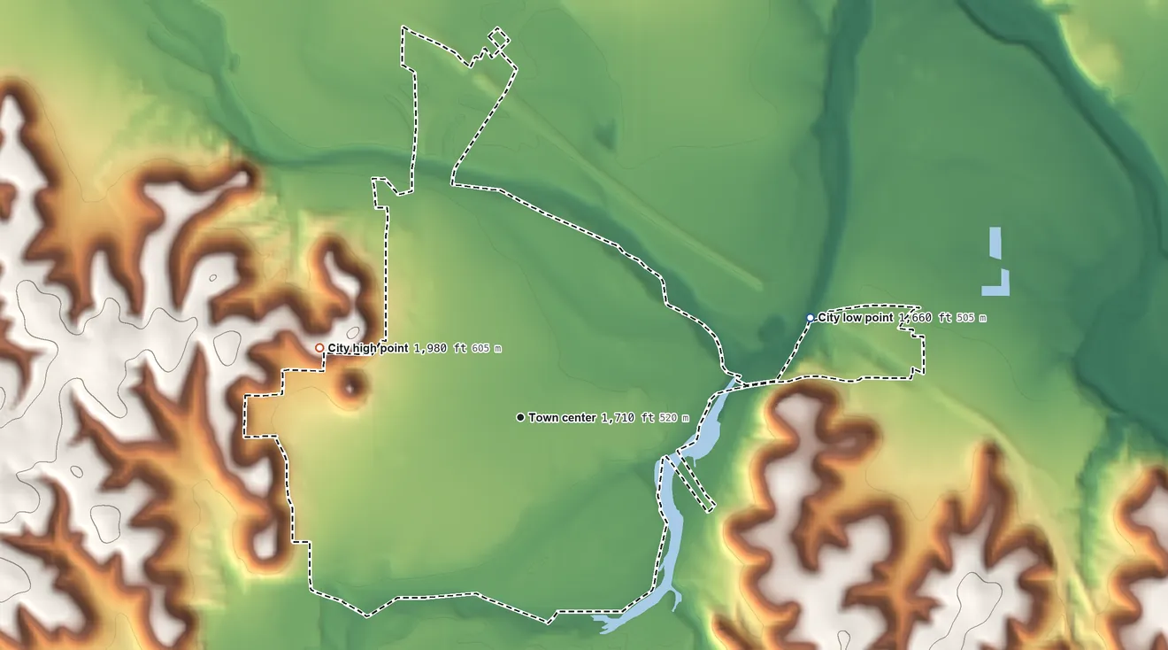Topographic elevation map of Junction, Texas, shaded from 1,660 ft on the east side to 1,980 ft on the west side