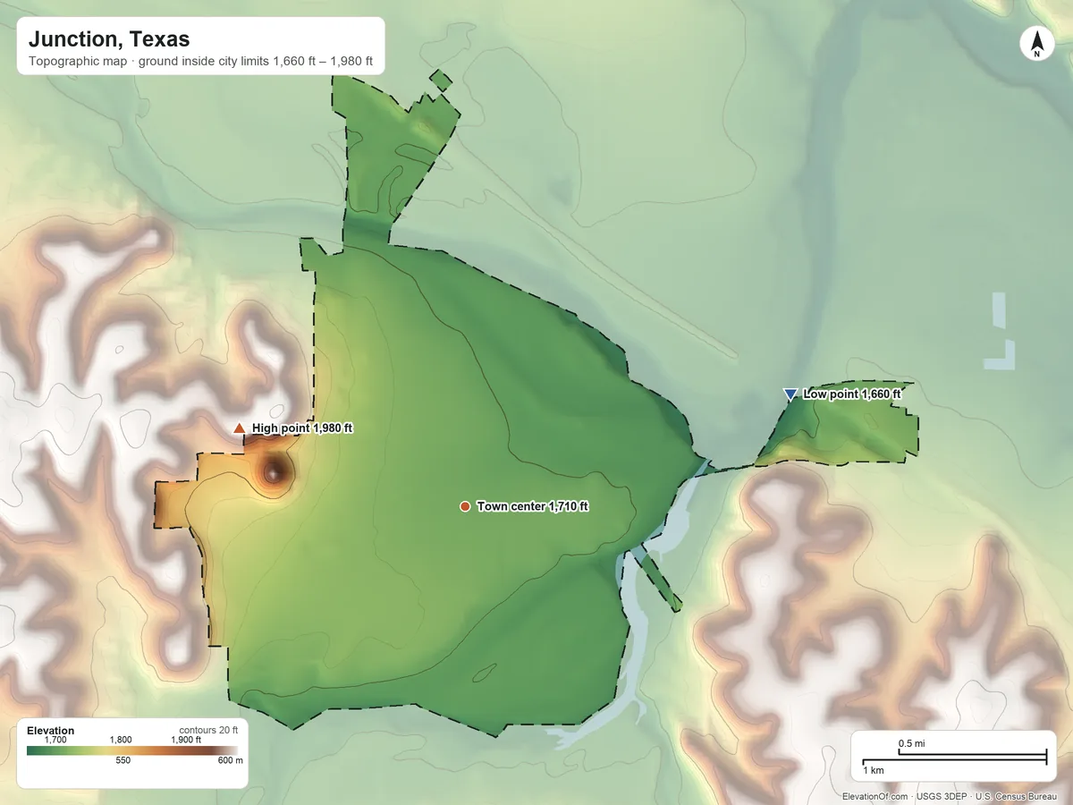 Topographic elevation map of Junction, Texas, shaded from 1,660 ft on the east side to 1,980 ft on the west side