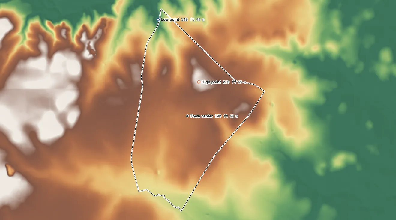 Topographic elevation map of K-Bar Ranch, Texas, shaded from 140 ft on the north side to 210 ft on the north side