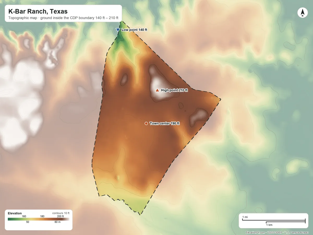 Topographic elevation map of K-Bar Ranch, Texas, shaded from 140 ft on the north side to 210 ft on the north side