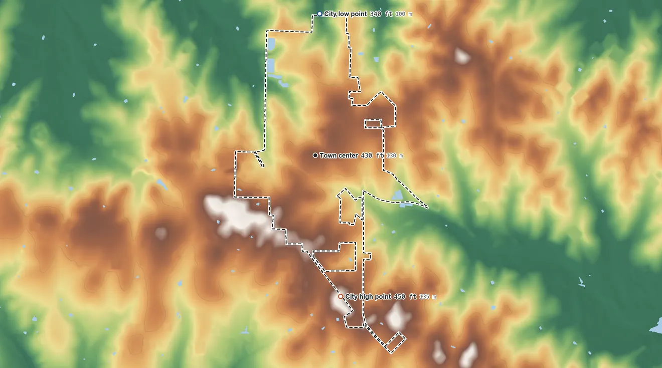 Topographic elevation map of Karnes City, Texas, shaded from 340 ft on the north side to 450 ft on the south side