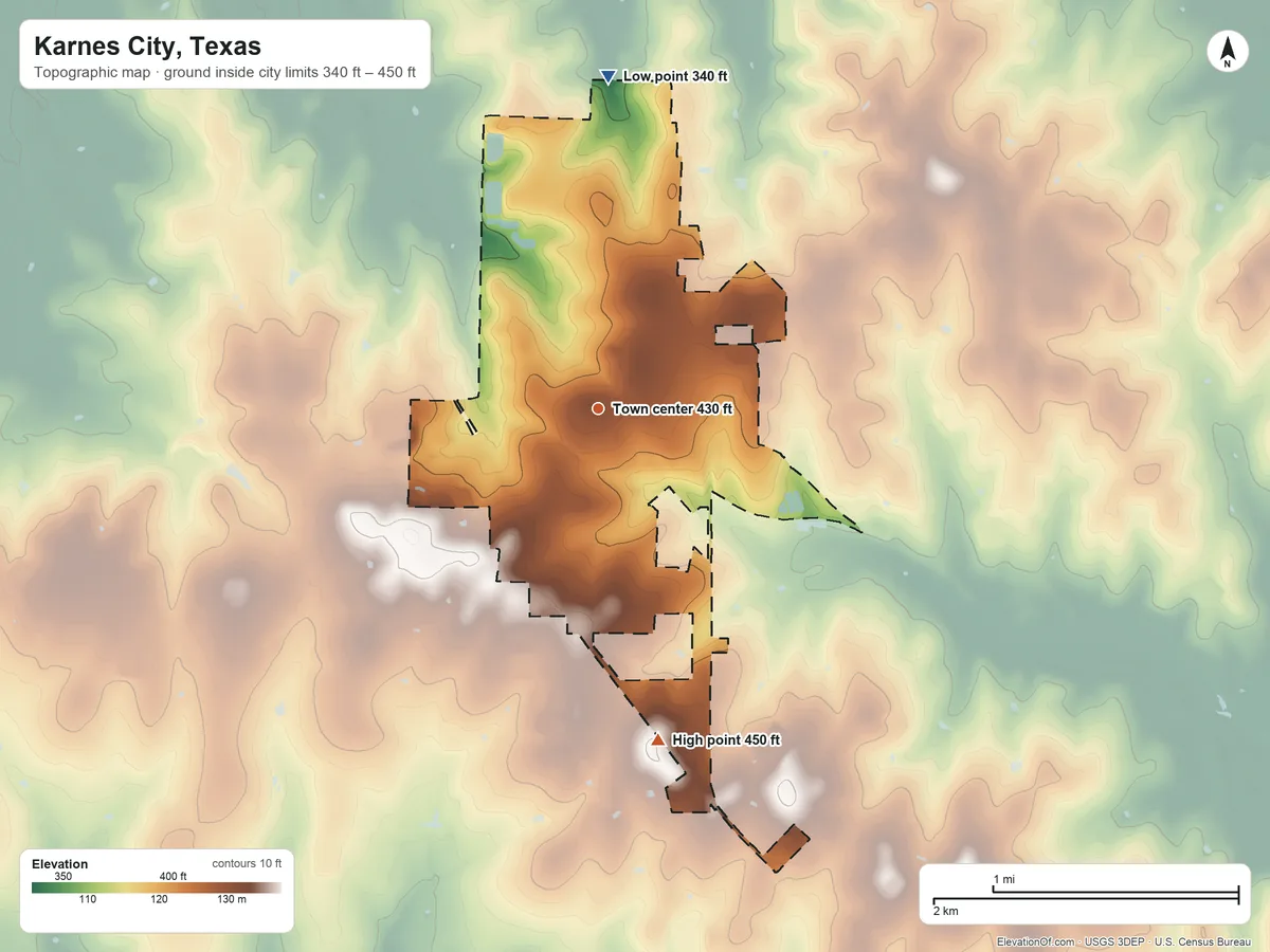 Topographic elevation map of Karnes City, Texas, shaded from 340 ft on the north side to 450 ft on the south side