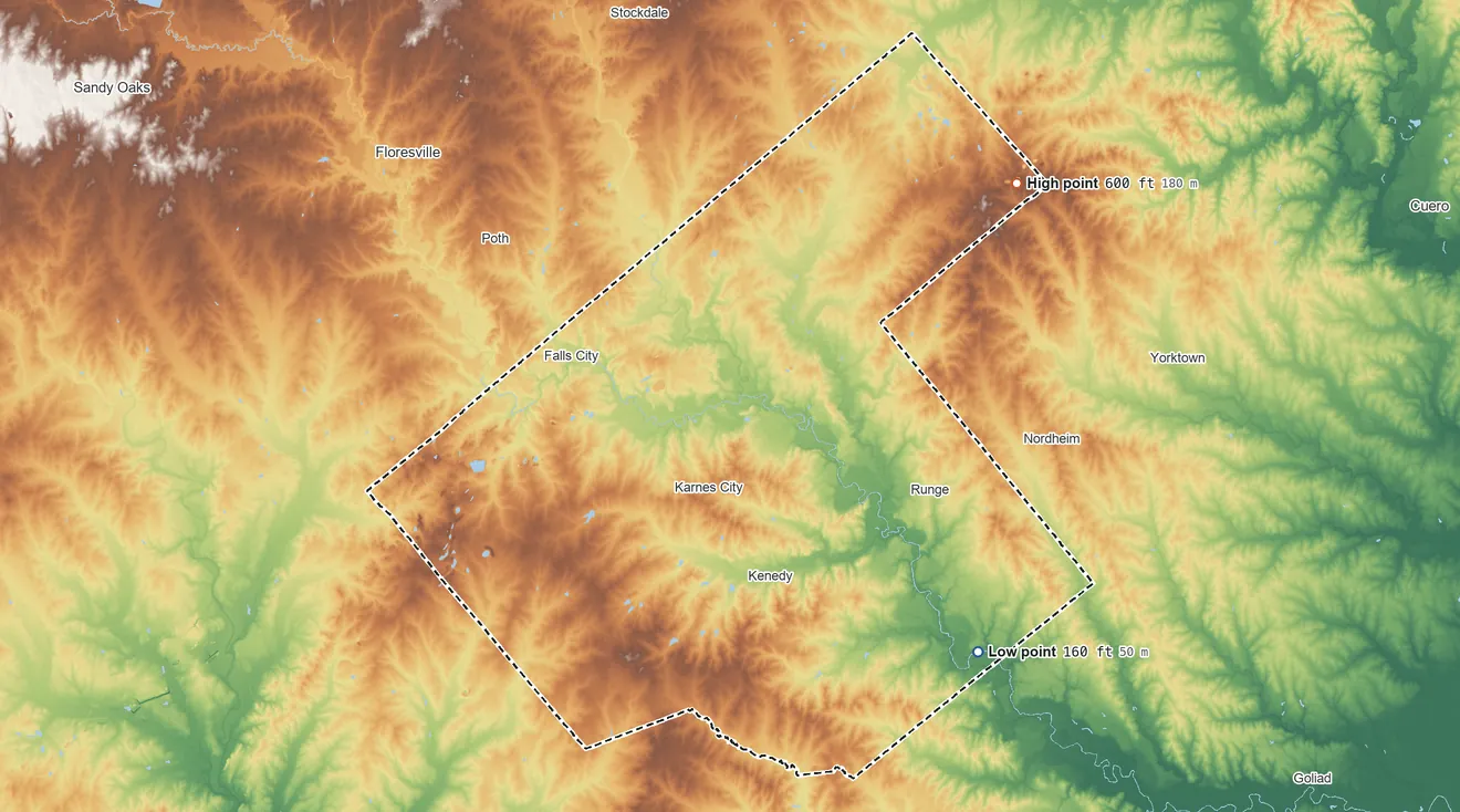 Topographic elevation map of Karnes County, Texas, shaded from 160 ft on the southeast side to 600 ft on the northeast side