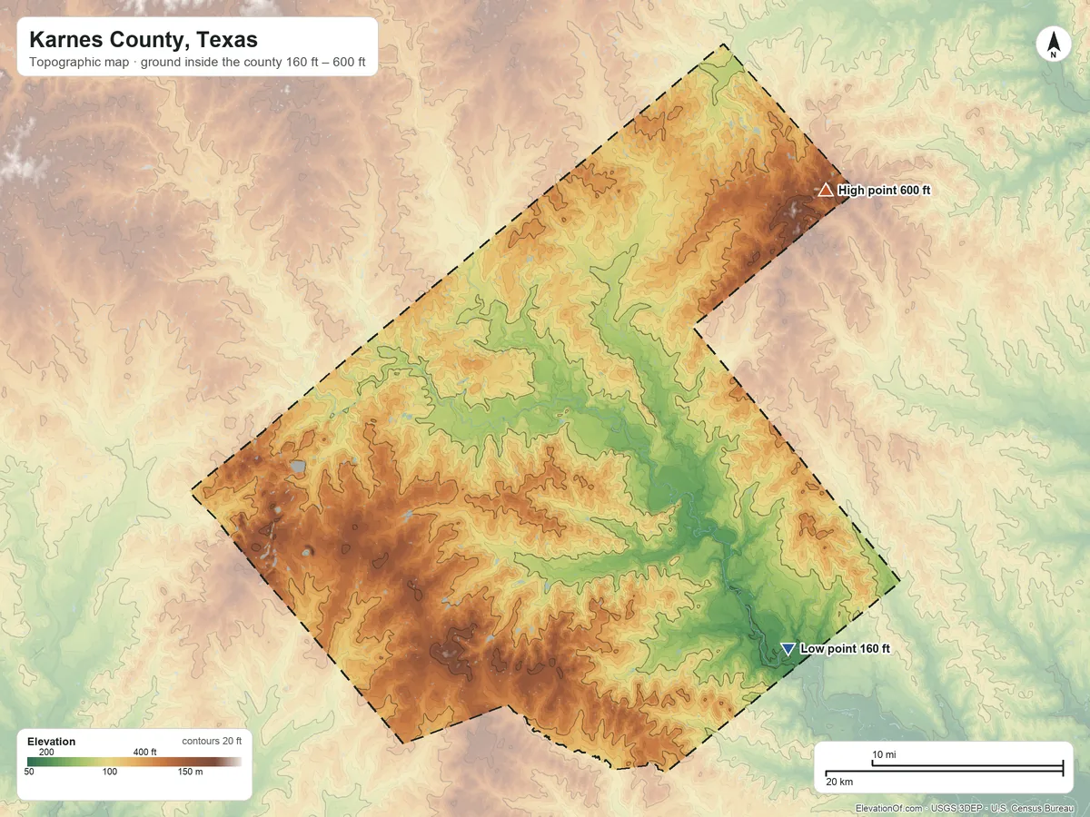 Topographic elevation map of Karnes County, Texas, shaded from 160 ft on the southeast side to 600 ft on the northeast side