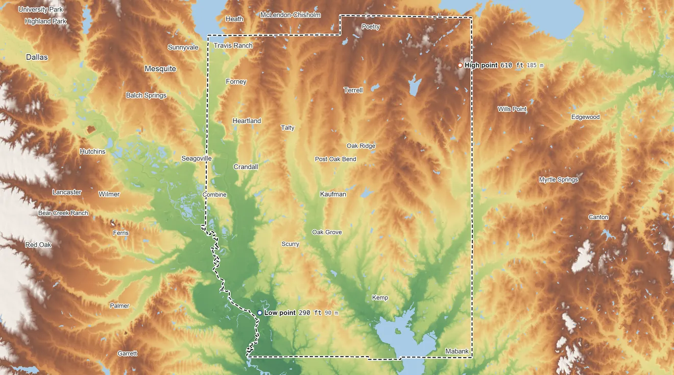 Topographic elevation map of Kaufman County, Texas, shaded from 290 ft on the southwest side to 610 ft on the northeast side