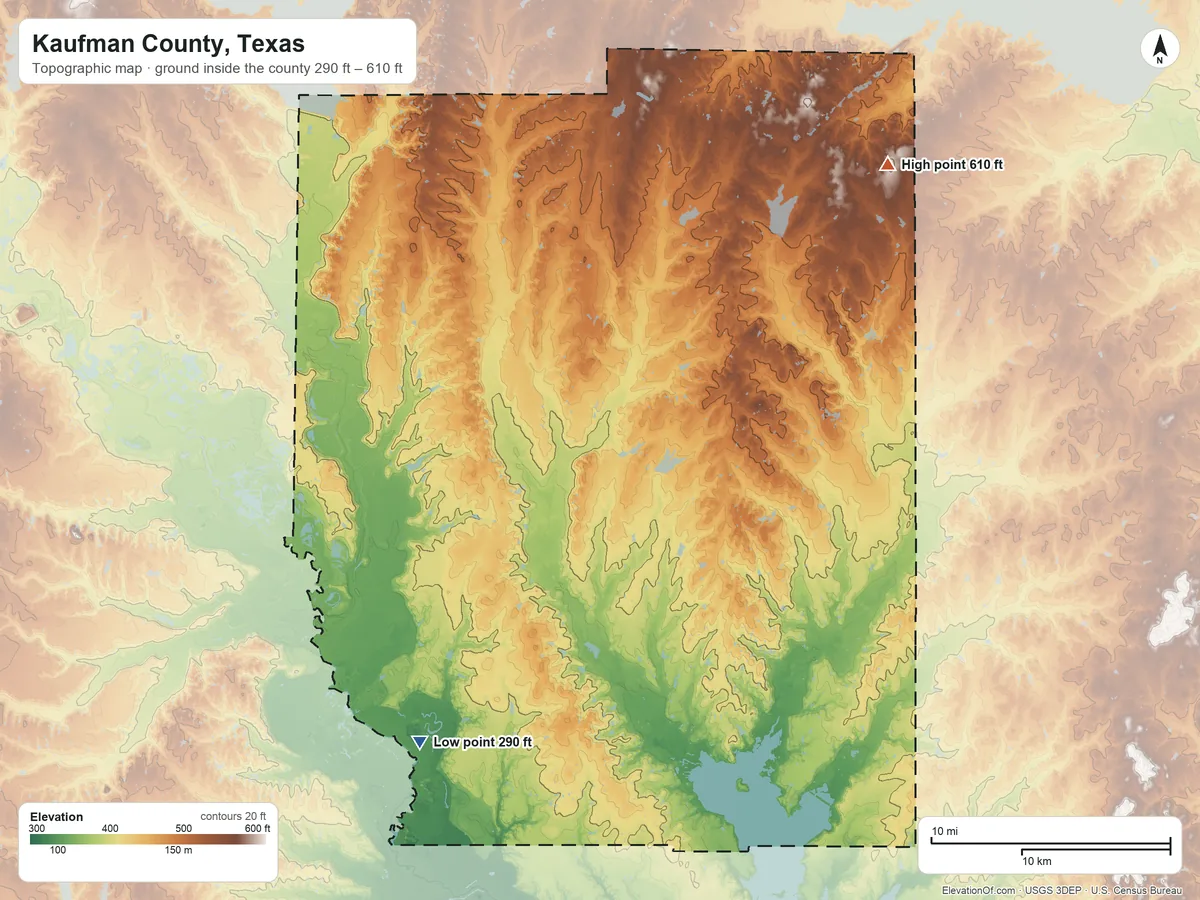 Topographic elevation map of Kaufman County, Texas, shaded from 290 ft on the southwest side to 610 ft on the northeast side