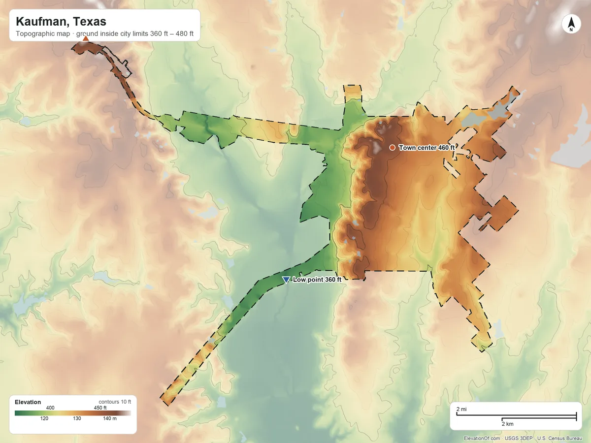 Topographic elevation map of Kaufman, Texas, shaded from 360 ft on the southwest side to 480 ft on the west side