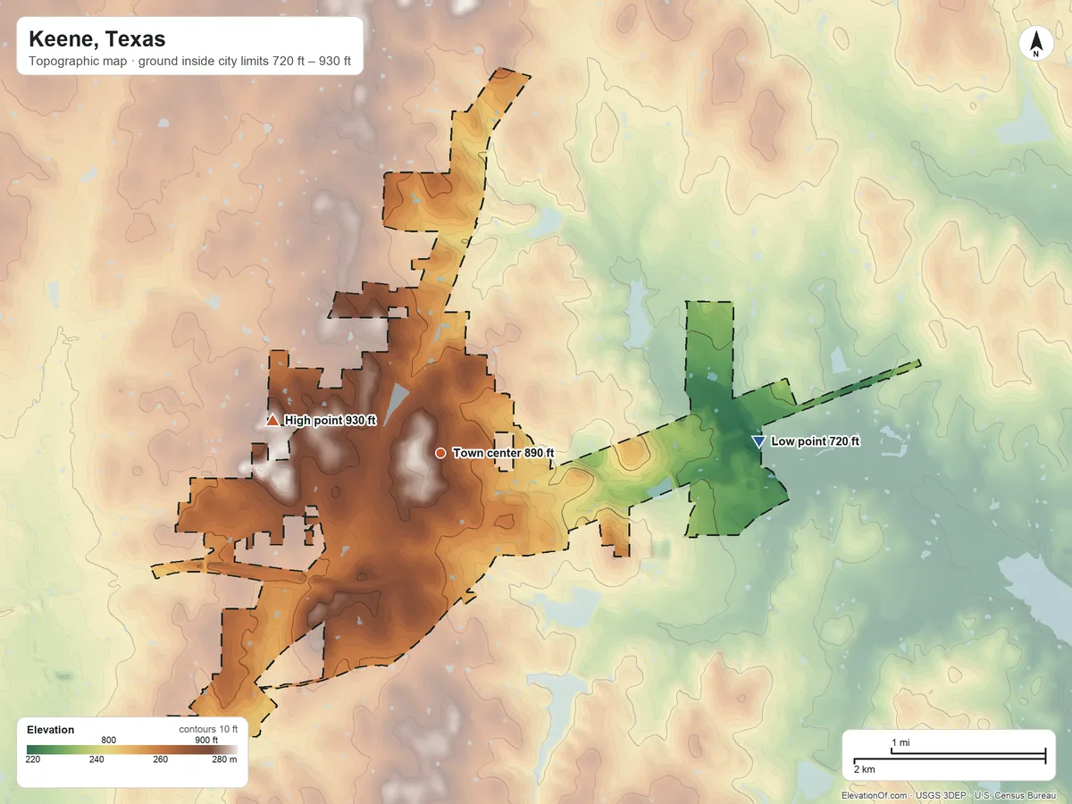 Topographic elevation map of Keene, Texas, shaded from 720 ft on the east side to 930 ft on the west side