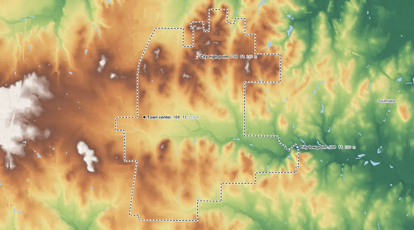 Topographic elevation map of Keller, Texas, shaded from 600 ft on the east side to 790 ft on the northeast side