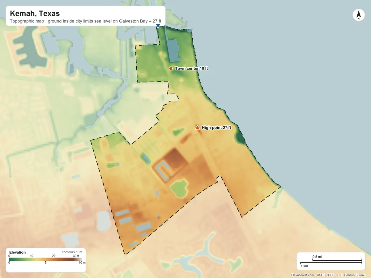Topographic elevation map of Kemah, Texas, shaded from sea level level on Galveston Bay to 27 ft on the southeast side