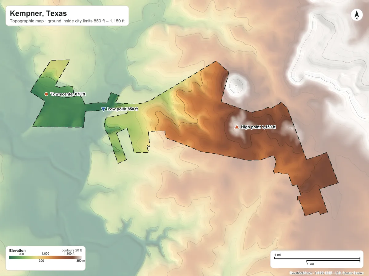 Topographic elevation map of Kempner, Texas, shaded from 850 ft on the east side to 1,150 ft on the east side