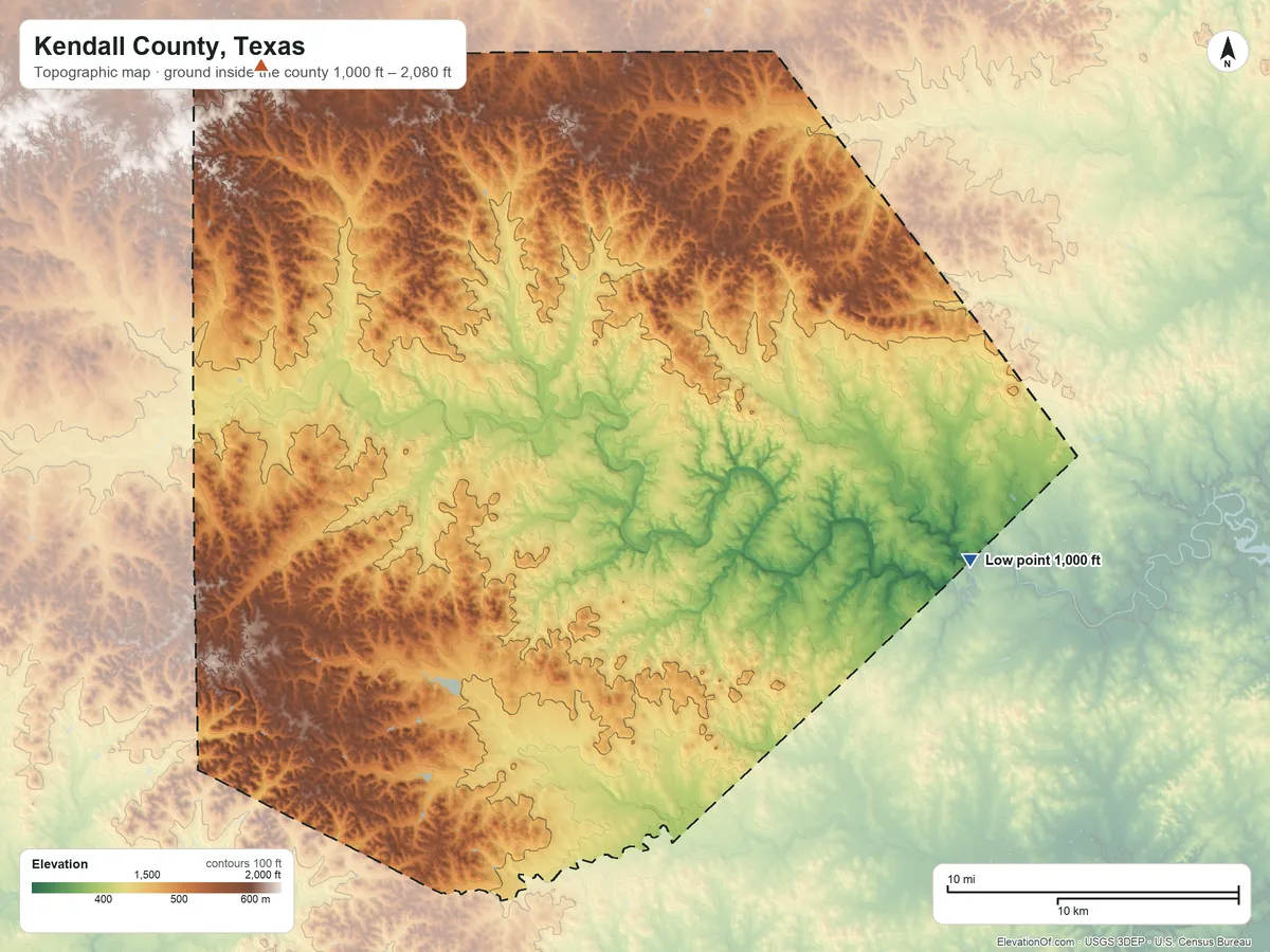 Topographic elevation map of Kendall County, Texas, shaded from 1,000 ft on the east side to 2,080 ft on the northwest side