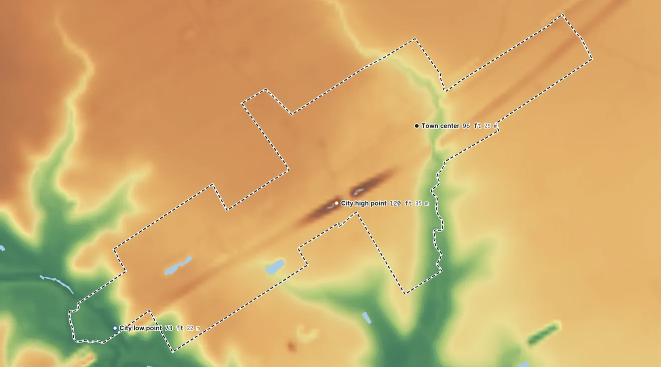 Topographic elevation map of Kendleton, Texas, shaded from 73 ft on the southwest side to 120 ft on the southwest side